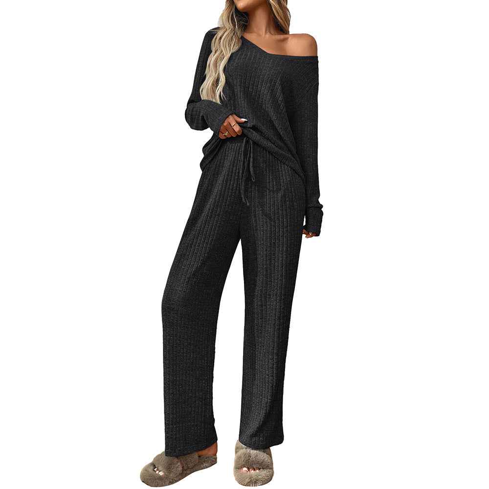 Ribbed Round Neck Long Sleeve Pajama Set