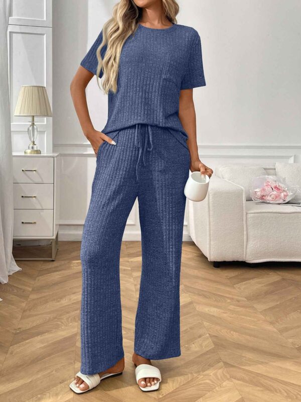 c6eff5f5 7e5a2daf 3127 4ba7 b157 c7e7c22ca198.jpg Ribbed Round Neck Short Sleeve Long Pants Set-Blue