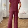 Ribbed Round Neck Short Sleeve Long Pants Set-Red