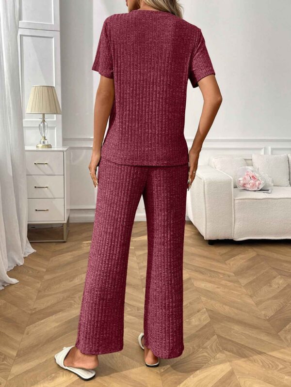 Ribbed Round Neck Short Sleeve Long Pants Set-Red
