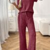 Ribbed Round Neck Short Sleeve Long Pants Set-Red