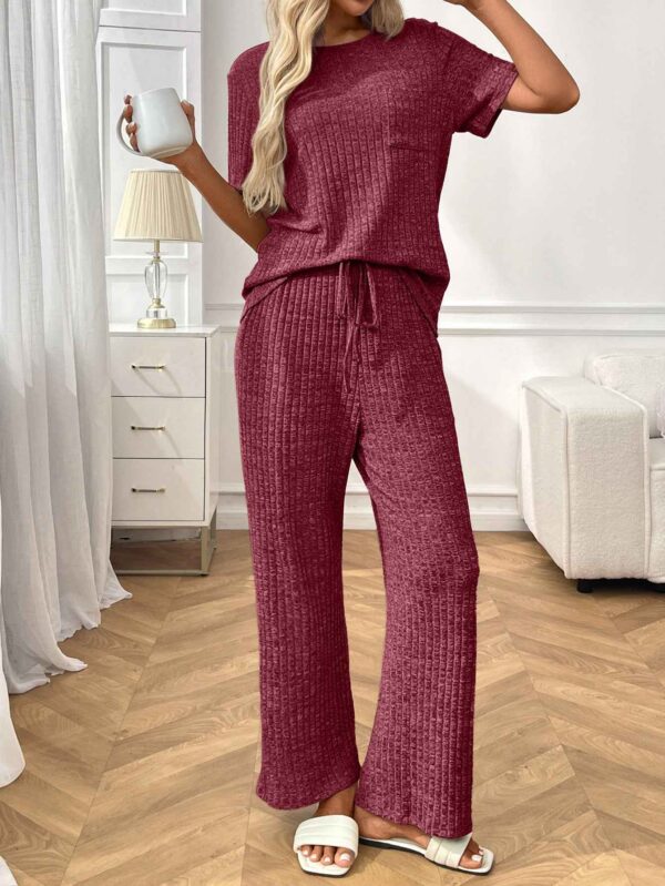 Ribbed Round Neck Short Sleeve Long Pants Set-Red