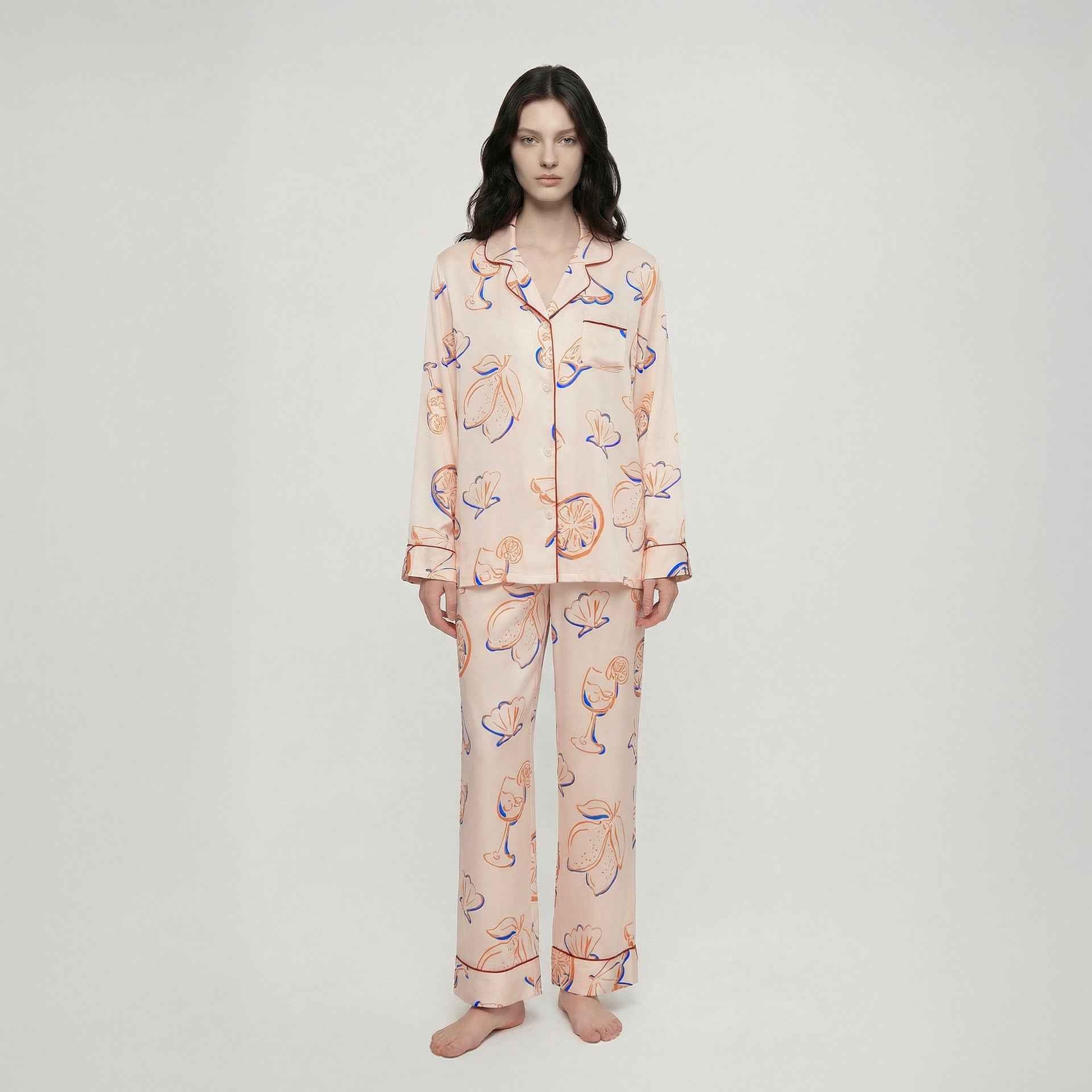 Rayon Printed Cardigan Long Sleeve Pajama Set