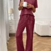 Ribbed Round Neck Short Sleeve Long Pants Set-Red