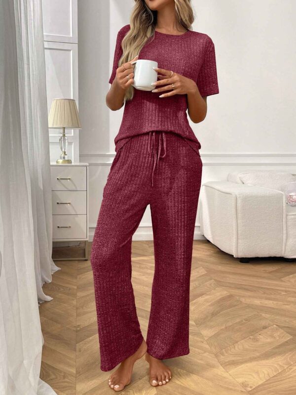 Ribbed Round Neck Short Sleeve Long Pants Set-Red