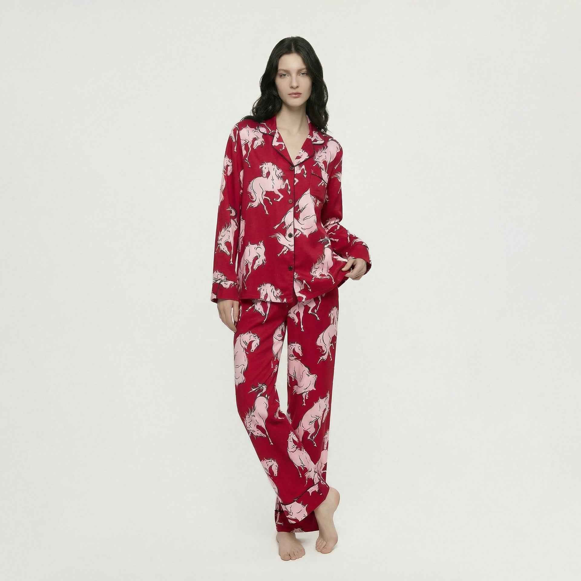 Rayon Printed Cardigan Long Sleeve Pajama Set