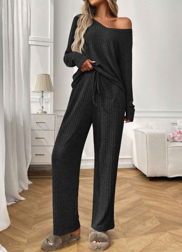Ribbed Round Neck Long Sleeve Pajama Set