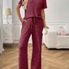 Ribbed Round Neck Short Sleeve Long Pants Set-Red
