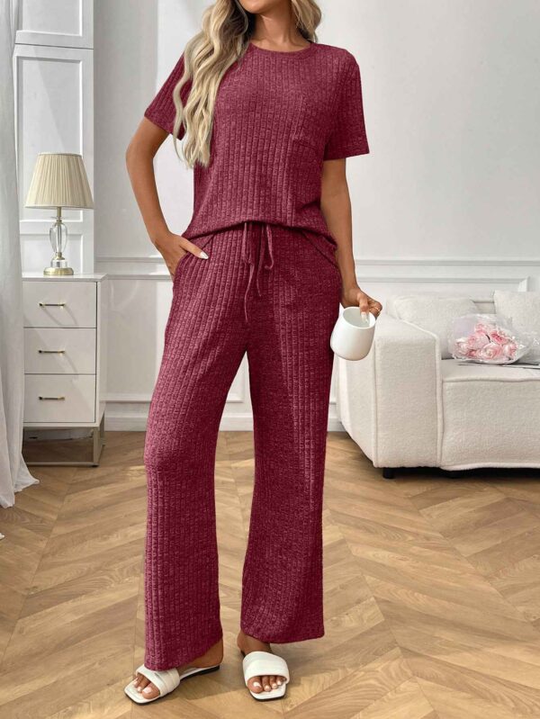 Ribbed Round Neck Short Sleeve Long Pants Set-Red
