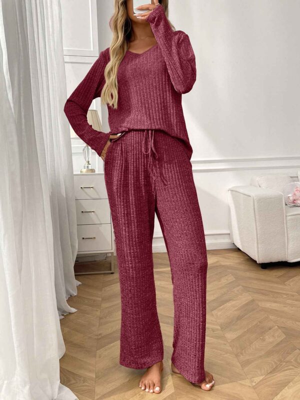 Ribbed Round Neck Long Sleeve Pajama Set