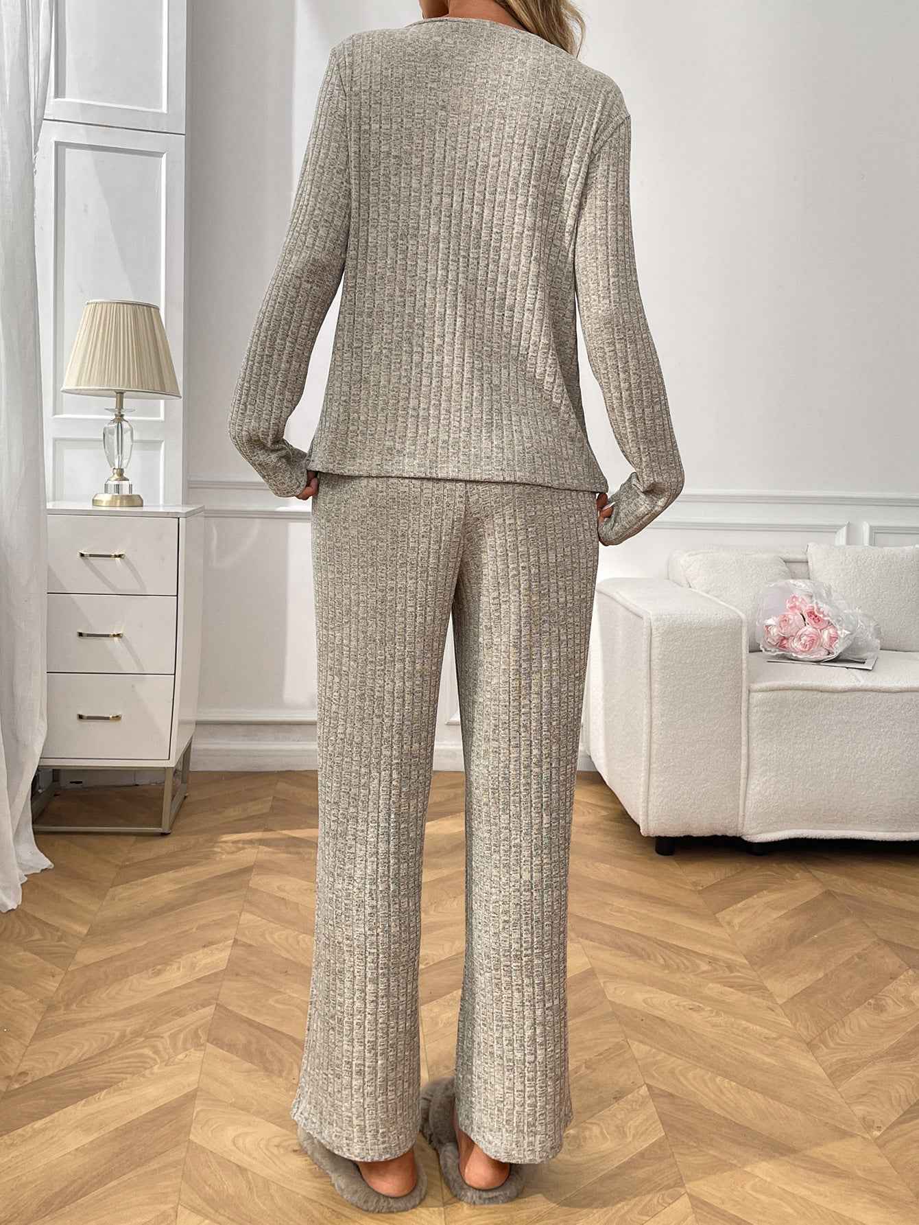 Ribbed Round Neck Long Sleeve Pajama Set