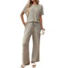 Ribbed Round Neck Short Sleeve Long Pants Set-Blue