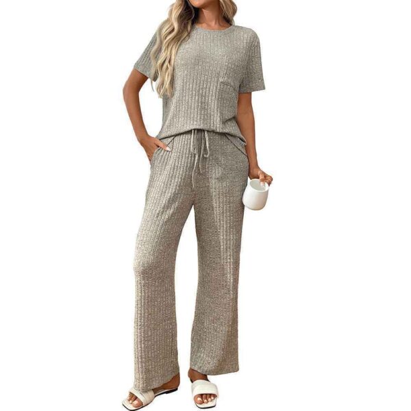 Ribbed Round Neck Short Sleeve Long Pants Set-Blue