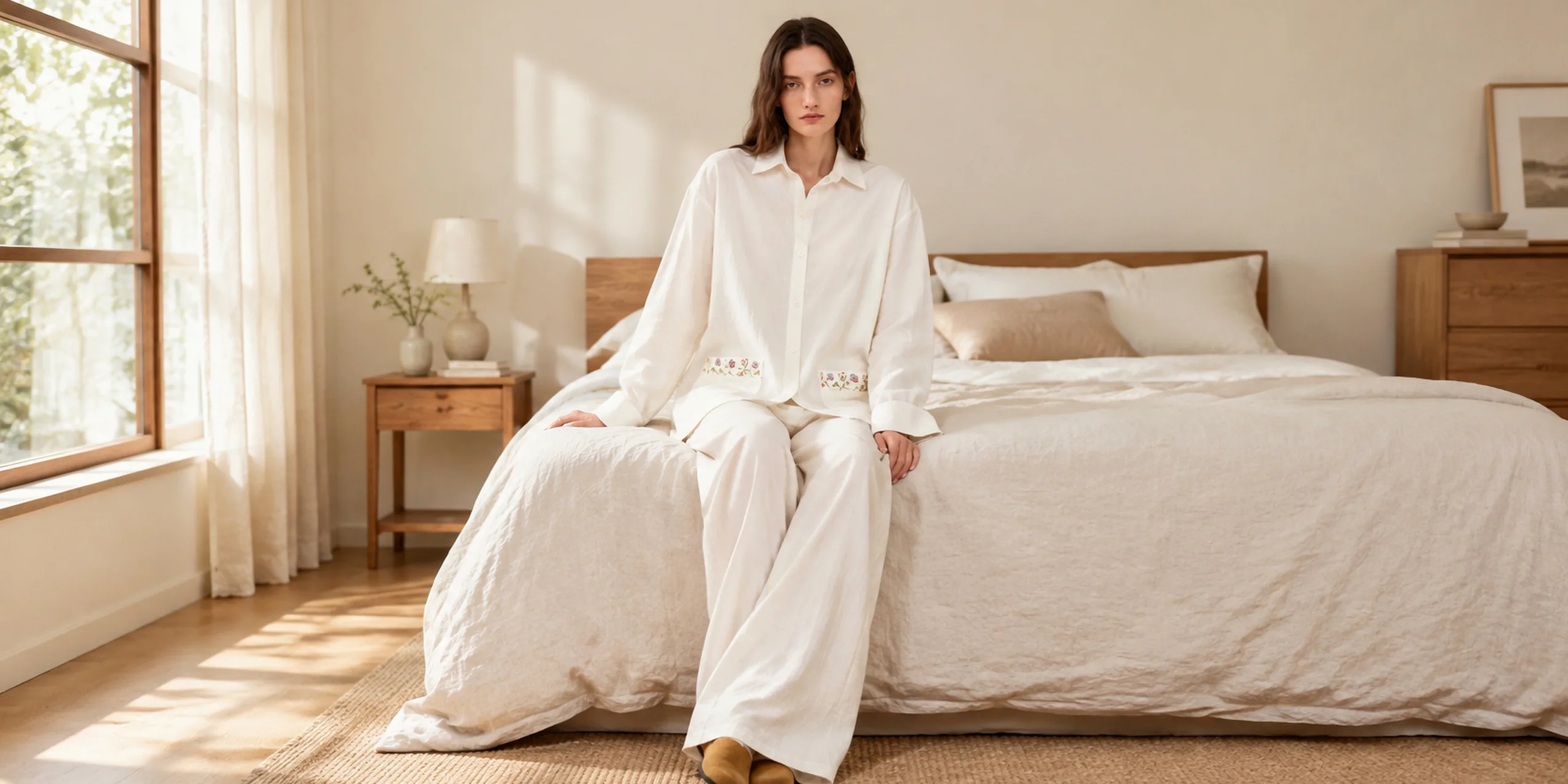Ivory embroidered pajama set for relaxed moments at home
