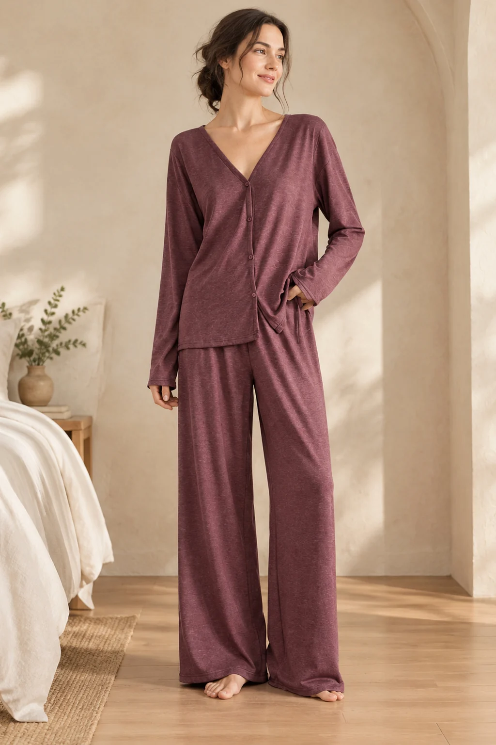 Women's burgundy long-sleeve pajama set with matching pants