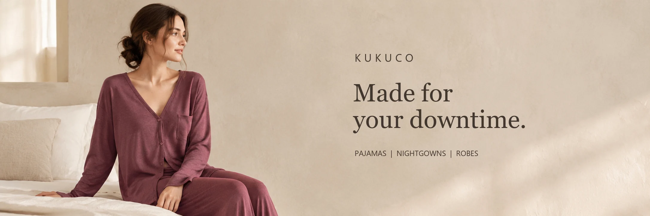 KUKUCO burgundy pajama set in a warm bedroom, made for your downtime