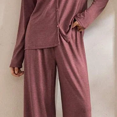 Draped burgundy pajama fabric and wrap-front detail