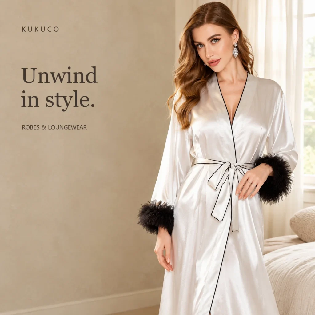 Ivory robe with black piping and feather-trim cuffs, unwind in style with KUKUCO