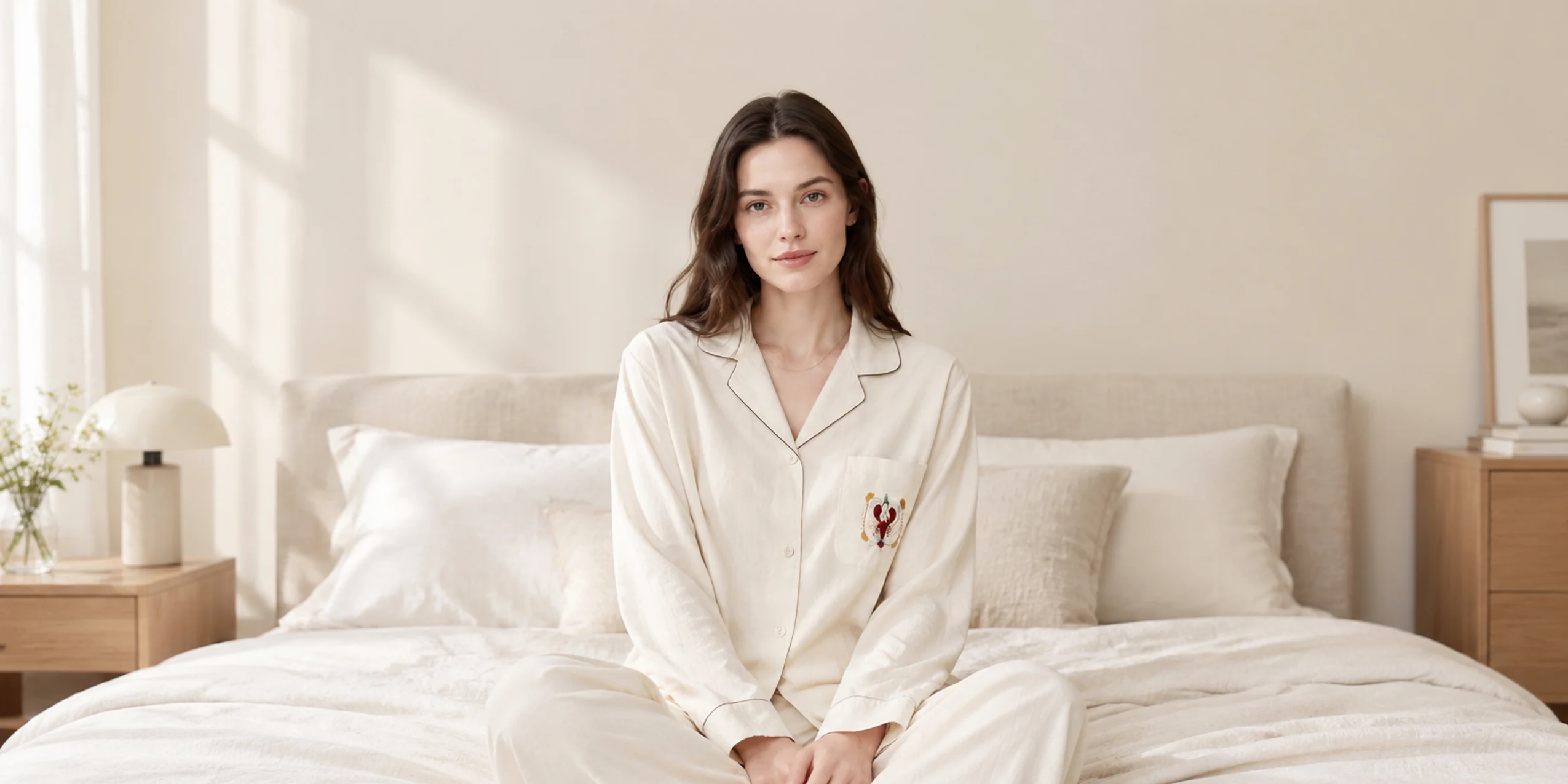 Ivory contrast-trim pajama set with embroidered detailing