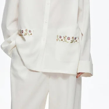 Ivory pajama shirt with embroidered pocket detail