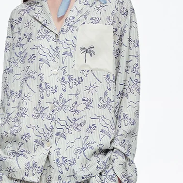 Blue printed pajama shirt with contrast piping
