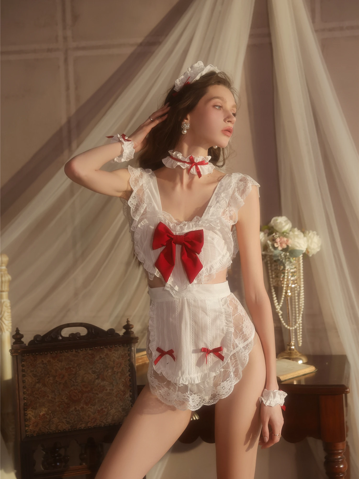 Ruffle Bow Lace Set - White