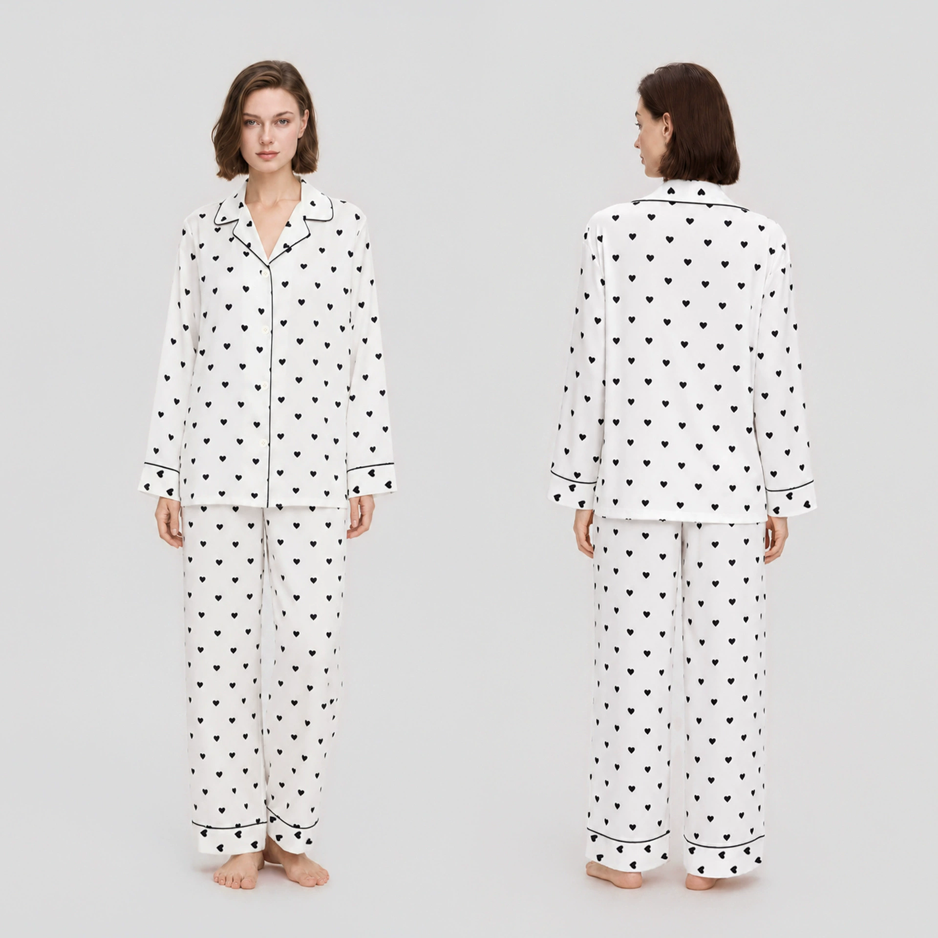 White pajama set with black heart print