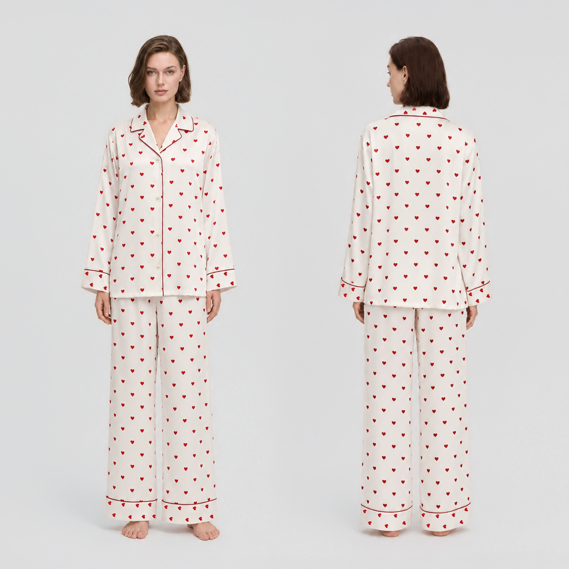 Beige pajama set with red heart print